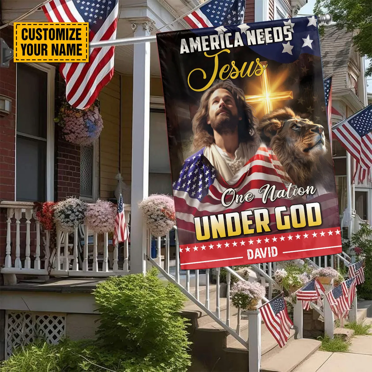 Teesdily | Customized Jesus Lion Of Judah American Flag Home, American Needs Jesus One Nation Under God House Garden Flag, Independence Day Gifts