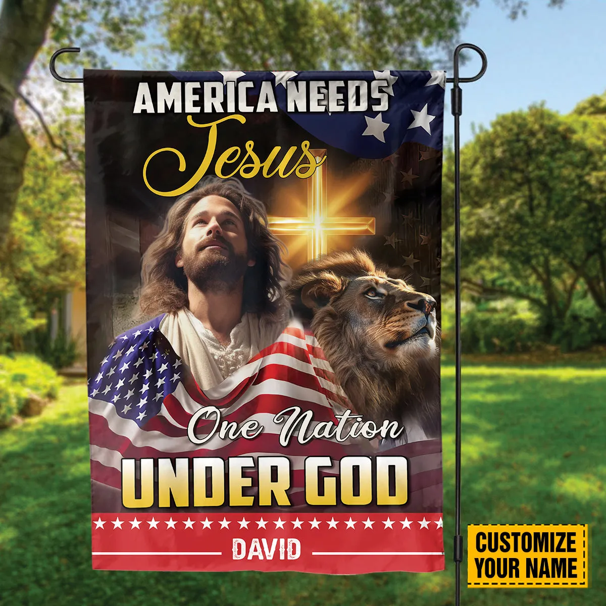 Teesdily | Customized Jesus Lion Of Judah American Flag Home, American Needs Jesus One Nation Under God House Garden Flag, Independence Day Gifts