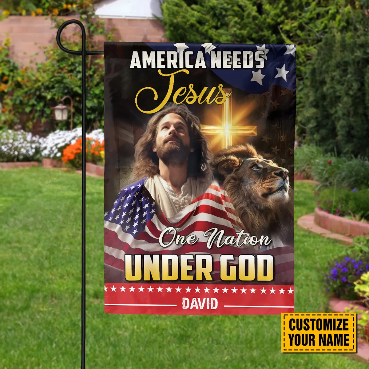 Teesdily | Customized Jesus Lion Of Judah American Flag Home, American Needs Jesus One Nation Under God House Garden Flag, Independence Day Gifts