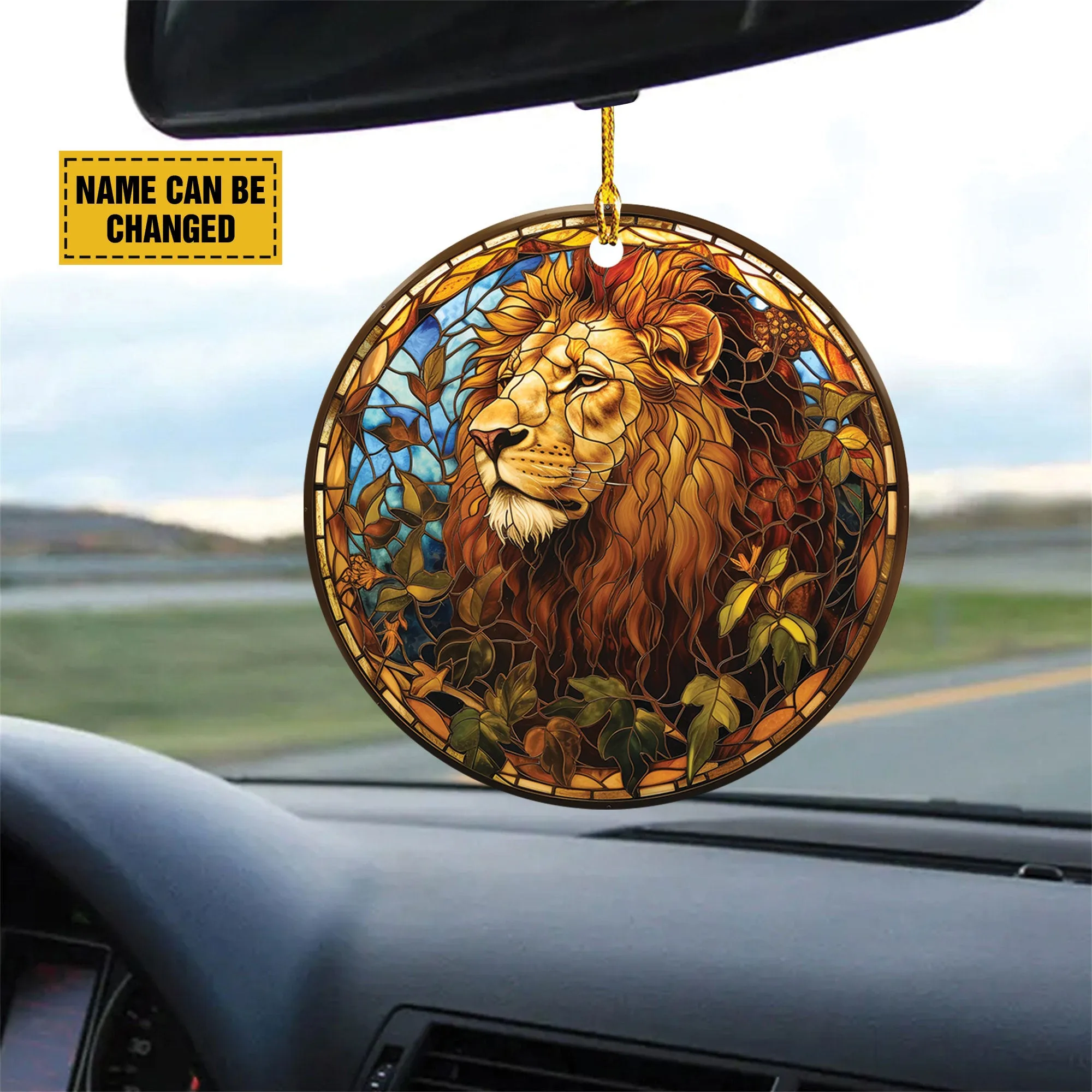 Teesdily | Customized Jesus Lion Ornament Car Hanger, The Lion Of Judah Car Rear View Mirror, Church Religious Acrylic Ornament, Jesus Lover Gift