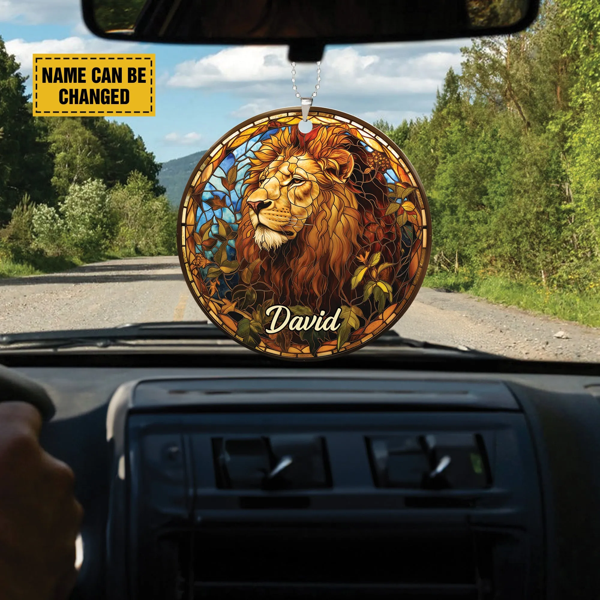 Teesdily | Customized Jesus Lion Ornament Car Hanger, The Lion Of Judah Car Rear View Mirror, Church Religious Acrylic Ornament, Jesus Lover Gift