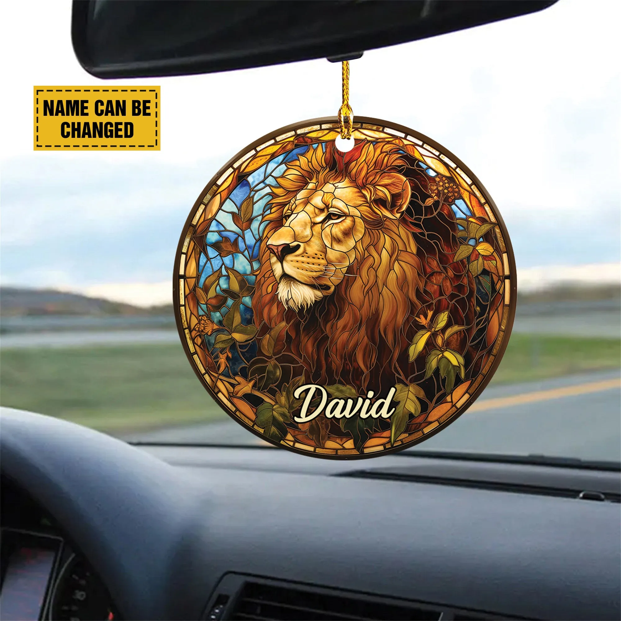 Teesdily | Customized Jesus Lion Ornament Car Hanger, The Lion Of Judah Car Rear View Mirror, Church Religious Acrylic Ornament, Jesus Lover Gift