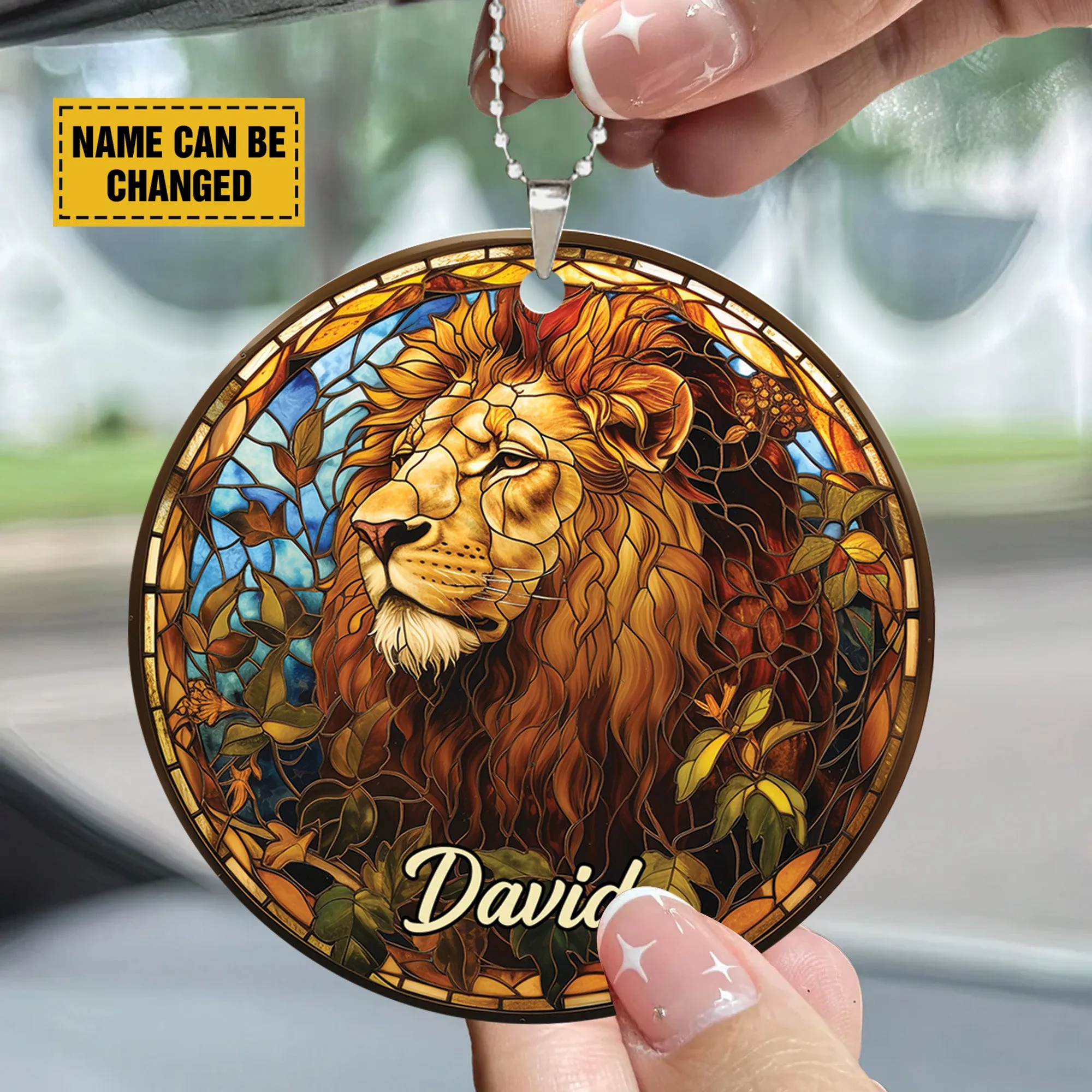 Teesdily | Customized Jesus Lion Ornament Car Hanger, The Lion Of Judah Car Rear View Mirror, Church Religious Acrylic Ornament, Jesus Lover Gift