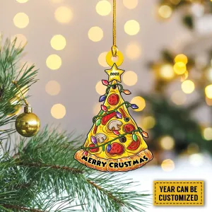 Teesdily | Customized Merry Crustmas Rear View Mirror Hanging Pizza Christmas Light Car Charm Funny Christmas Tree Decor For Fastfood Lovers