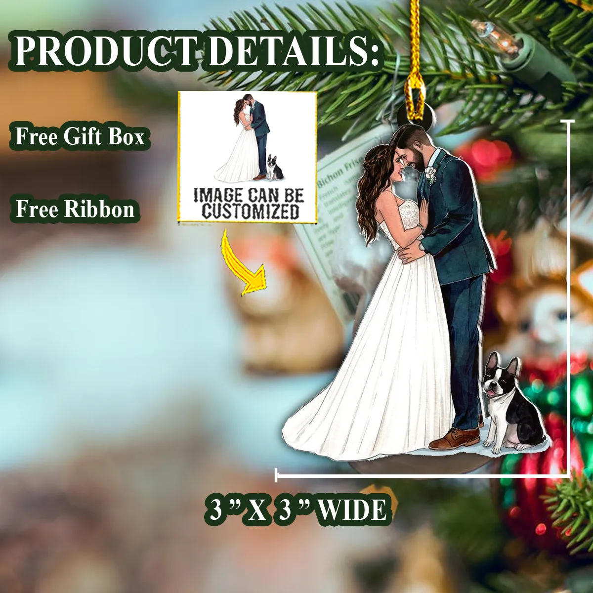 Teesdily | Customized Photo Bride And Groom Christmas Ornament First Christmas Married Ornament Newlywed Gift For Christmas Custom Photo Car Ornament