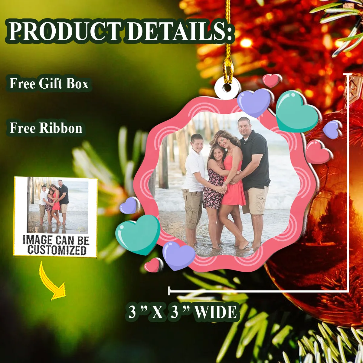 Teesdily | Customized Photo Family Ornament Family Members Christmas Ornament Holiday Gift Parents Daughter Son Gift Custom Acrylic Photo Ornament