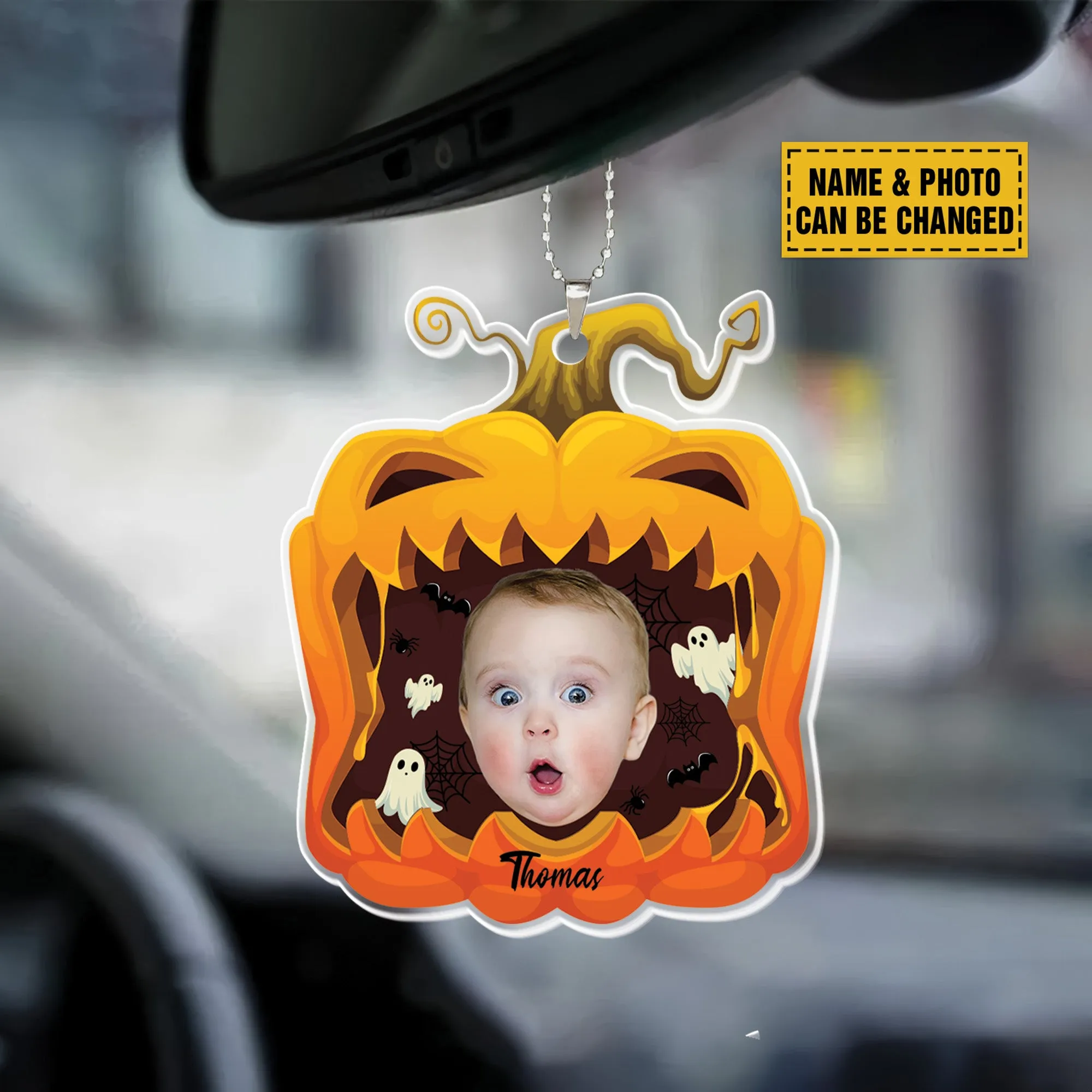 Teesdily | Customized Pumpkin Halloween Ornament, Spooky Season Pumpkin Ornament Decoration, Ghost Pumpkin Car Hanging Ornament, Halloween Gift Kid