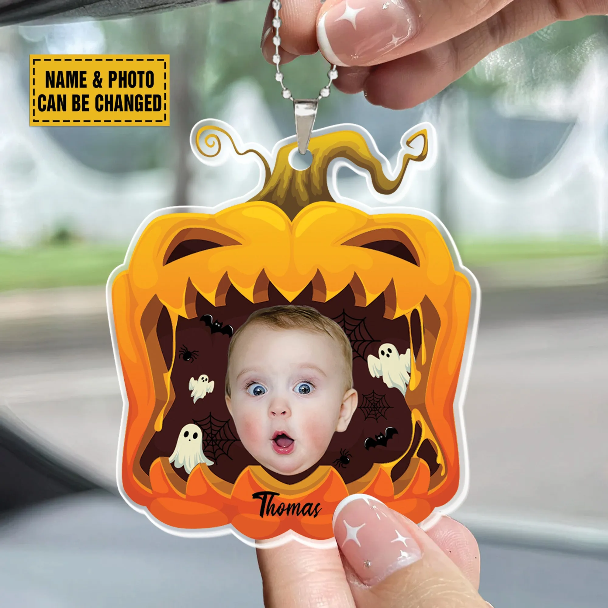 Teesdily | Customized Pumpkin Halloween Ornament, Spooky Season Pumpkin Ornament Decoration, Ghost Pumpkin Car Hanging Ornament, Halloween Gift Kid