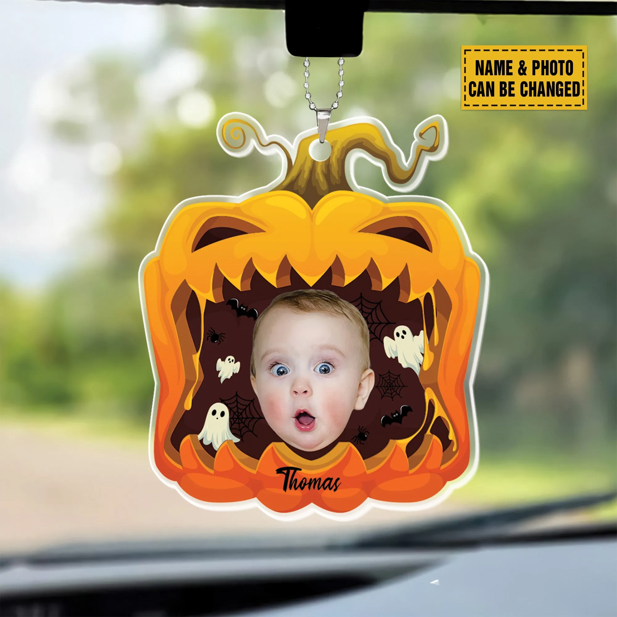 Teesdily | Customized Pumpkin Halloween Ornament, Spooky Season Pumpkin Ornament Decoration, Ghost Pumpkin Car Hanging Ornament, Halloween Gift Kid