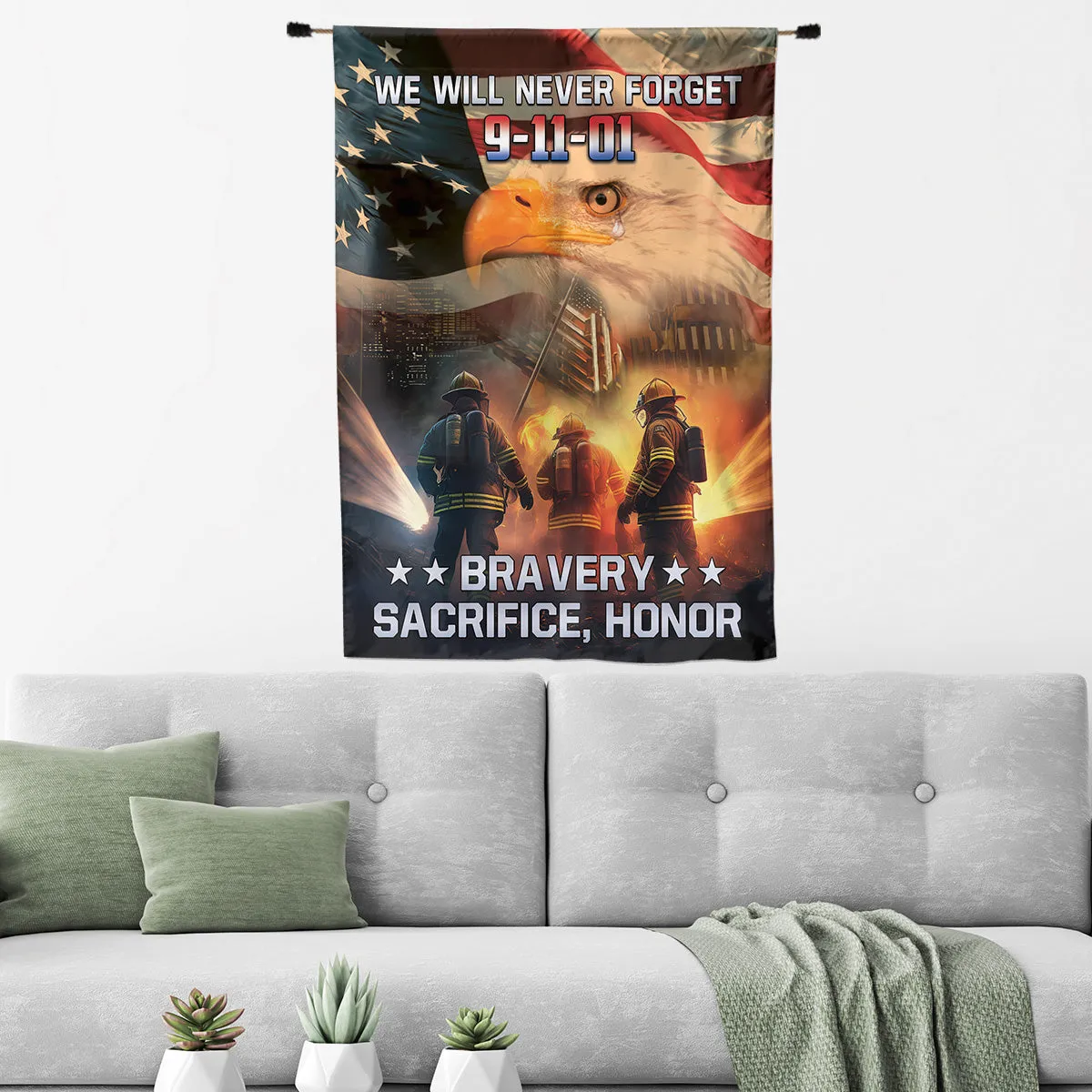 Teesdily | Firefighter American Flag Garden Decor, We Will Never Forget 911 Day House Flag, Bravery Sacrifice Honor Yard Flag, Patriot Day Decoration