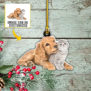 Teesdily | Golden Retriever And Car Customized Christmas Ornament Pet Lover Hanging Ornament Personalized Photo Ornaments 2 Sided Pet Owner Gifts