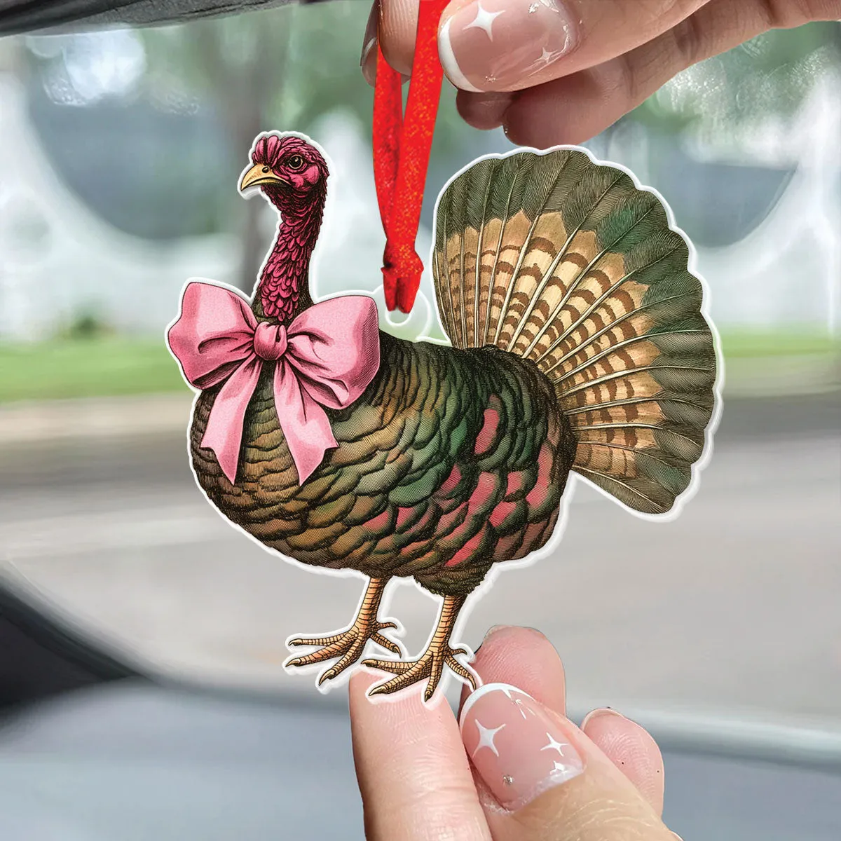 Teesdily | Happy Thanksgiving Turkey Ornament, Turkey Bow Coquette Acrylic Ornament Hanging, Autumn Home Decor, Thanksgiving Gift