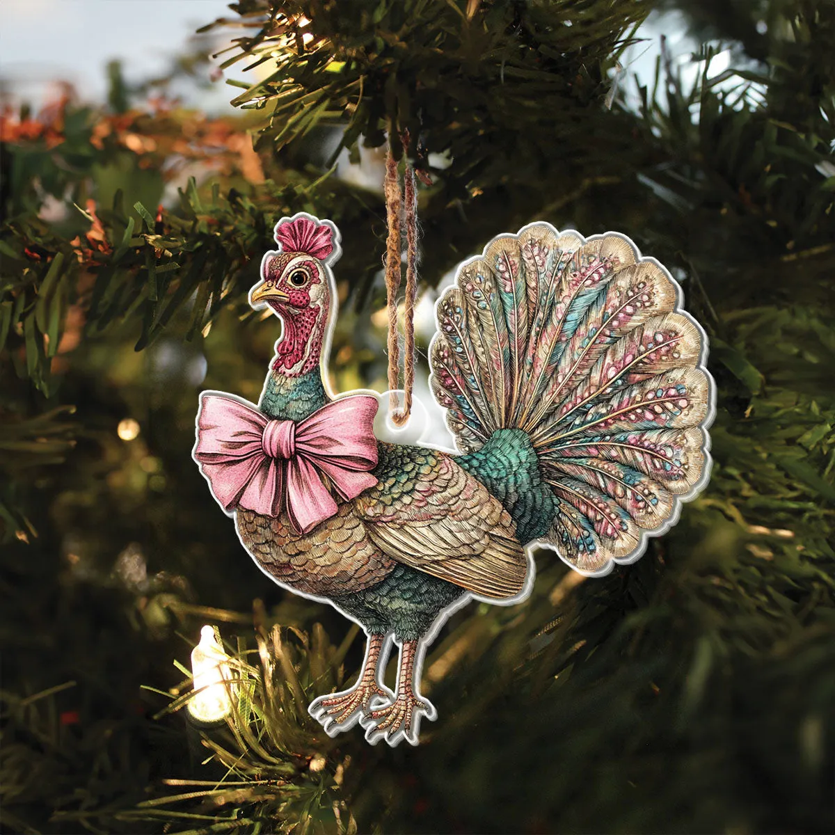 Teesdily | Happy Thanksgiving Turkey Ornament, Turkey Bow Coquette Acrylic Ornament Hanging, Autumn Home Decor, Thanksgiving Gift