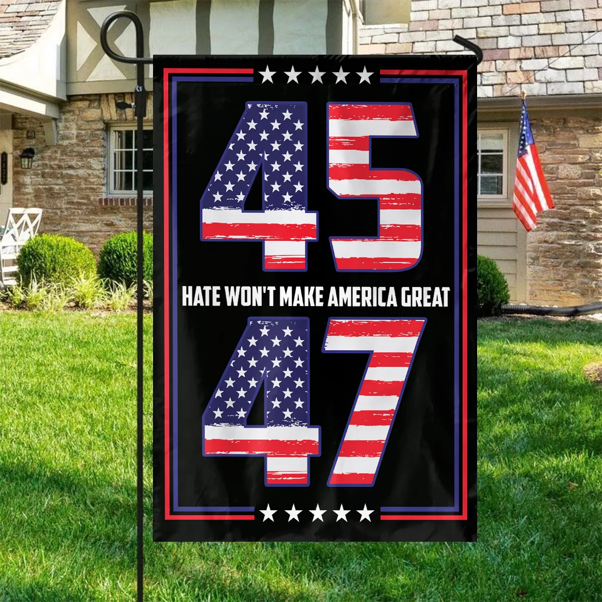 Teesdily | Jesus American Flag, 45 47 Hate Won't Make America Great House Flag Garden Flag, American Patriotic Flag, Outdoor Decor Gifts