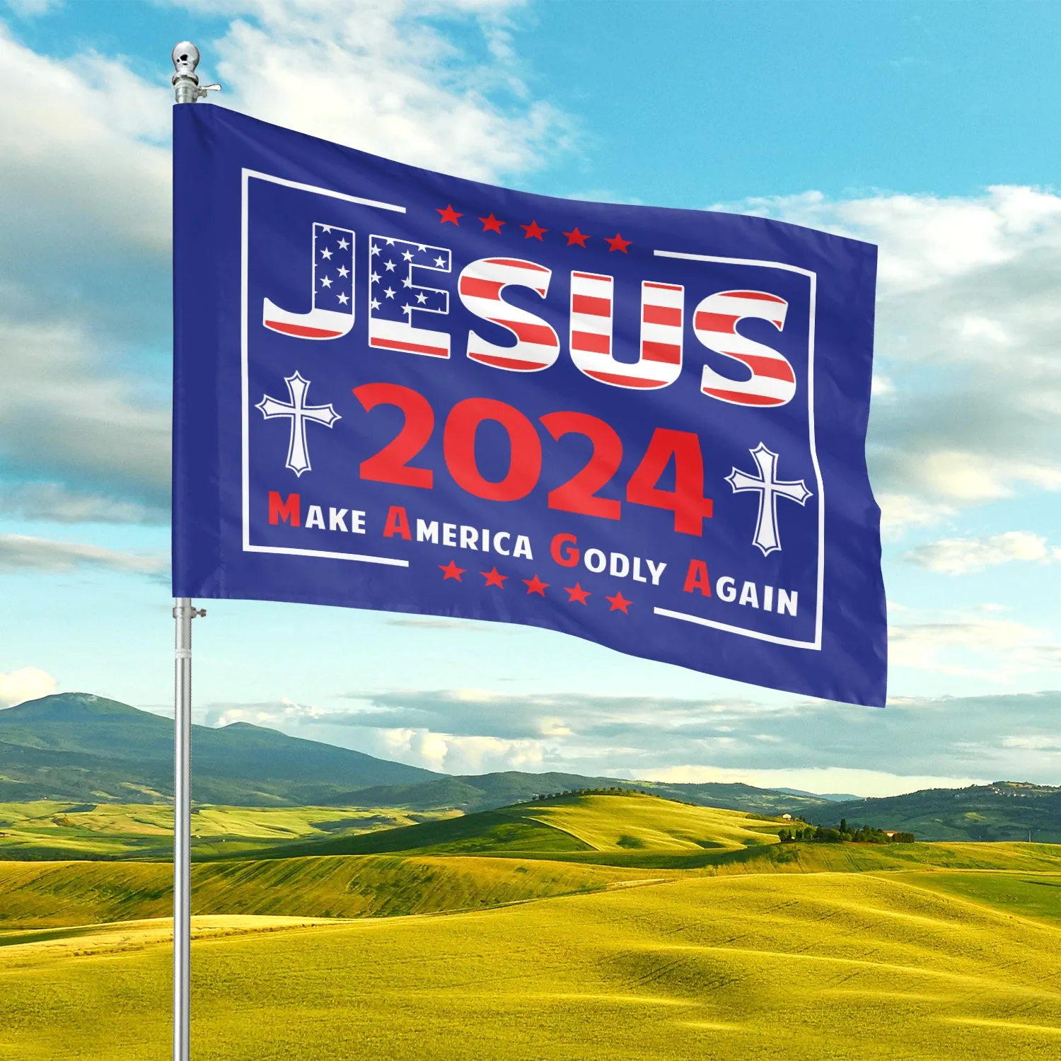 Teesdily | Jesus Cross Garden Flag, Christ 2024 Make American Godly Again House Flag, American Flag Banner Yard Outdoor Decor, Jesus Patriot Gift