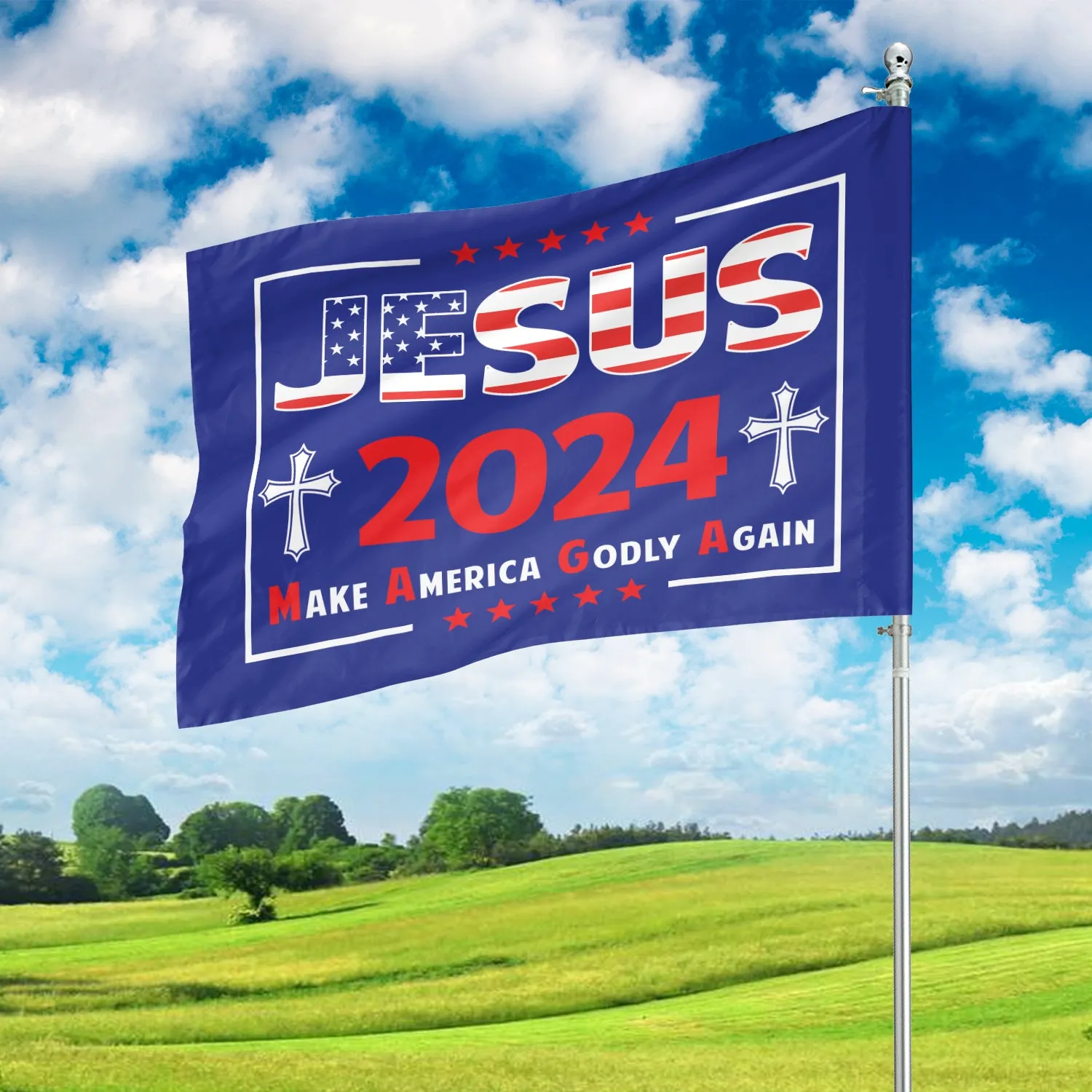 Teesdily | Jesus Cross Garden Flag, Christ 2024 Make American Godly Again House Flag, American Flag Banner Yard Outdoor Decor, Jesus Patriot Gift