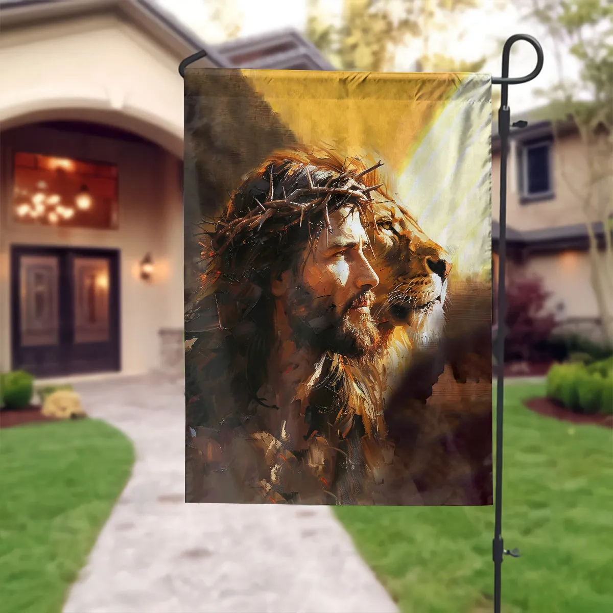 Teesdily | Jesus Lion Of Judah Garden Flag, Jesus Oil Painting Print House Flag, Religious Home Decor, Christian Outdoor Decor Garden House Flag