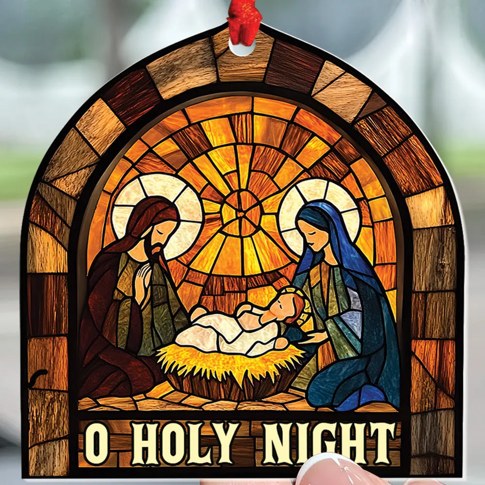 Teesdily | Jesus O Holy Night Christmas Ornament, Jesus Christ Nativity Stained Glass Print Ornament 2D, Holy Family Ornament Xmas