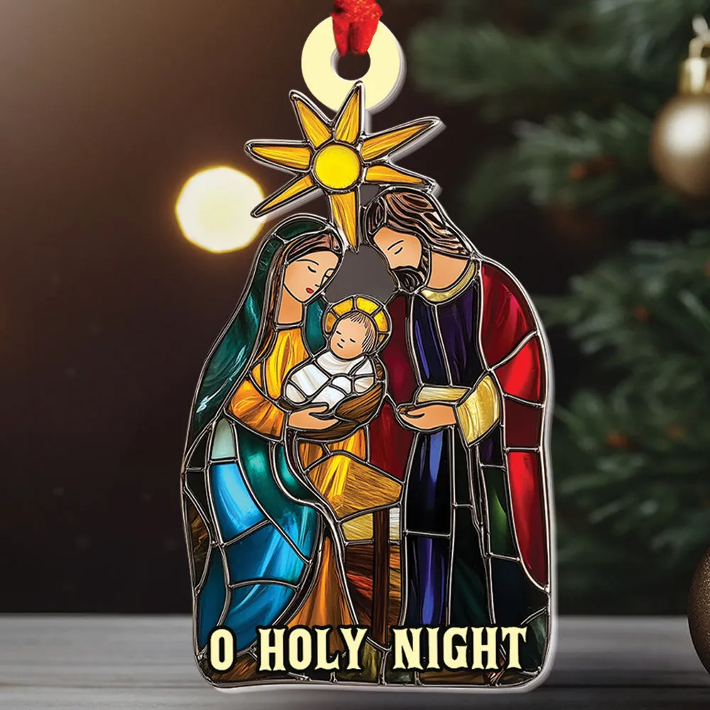 Teesdily | Jesus O Holy Night Christmas Ornament, Jesus Christ Nativity Stained Glass Print Ornament 2D, Holy Family Ornament Xmas