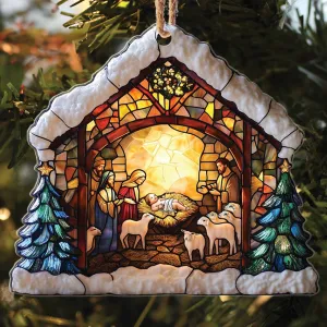 Teesdily | Nativity Scene Acrylic Ornament , Nativity Jesus Snowy House Christmas Ornament, Religious Jesus Lover Gift