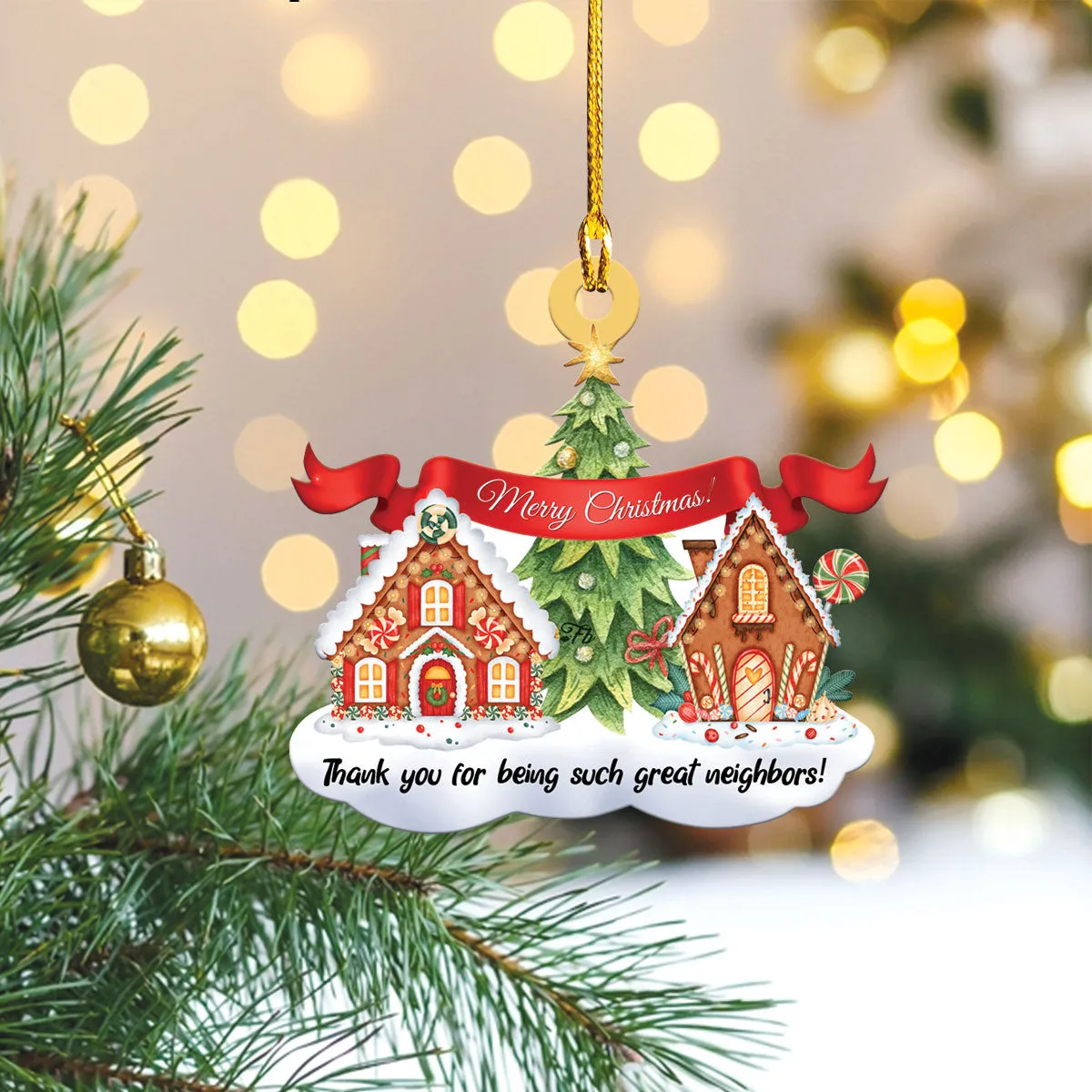 Teesdily | Neighbor Ginger Bread House Christmas Rearview Mirror Charms Thank You For Being Such Great Neighbors Christmas Tree Ornament Xmas Gifts