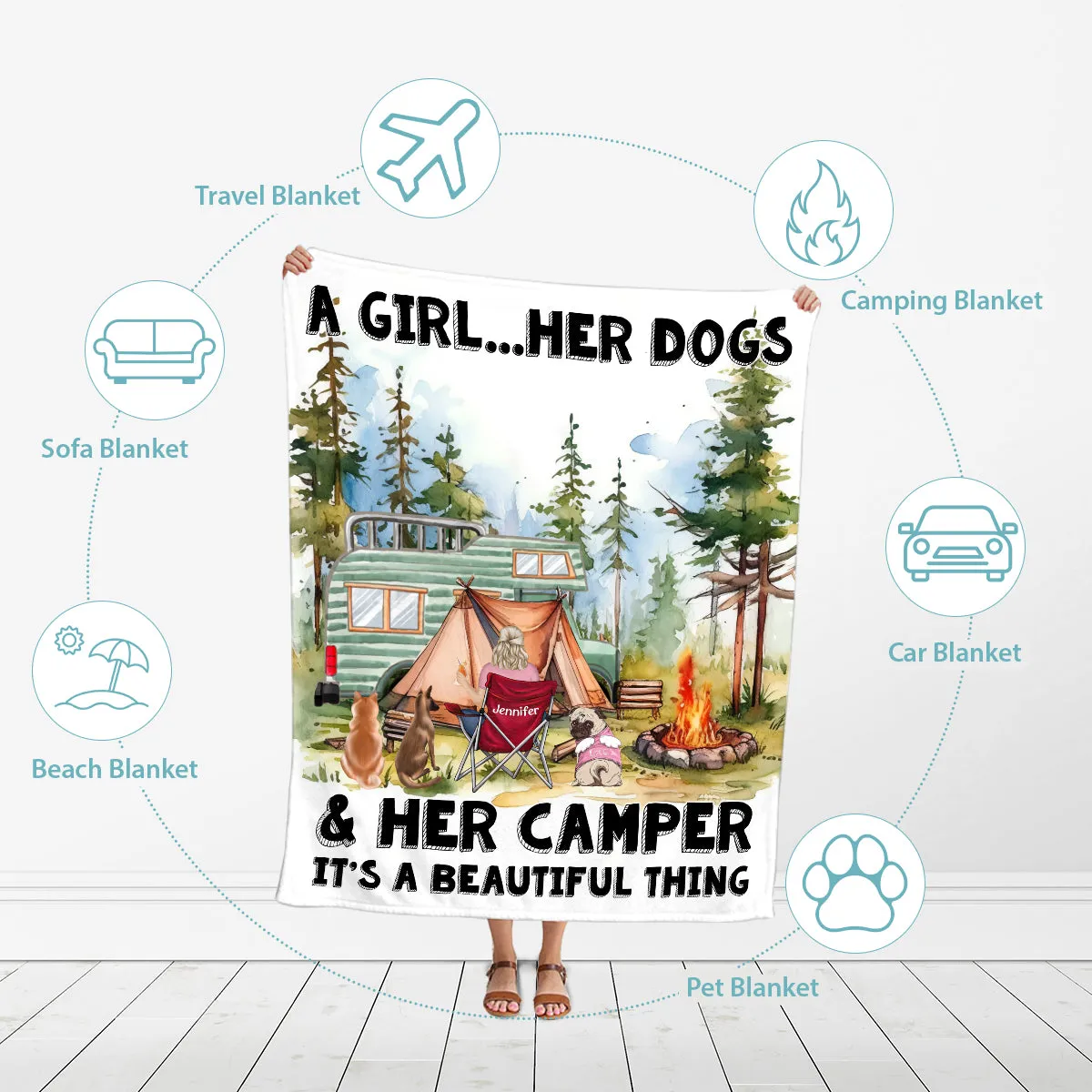 Teesdily | Personalized Girl And Her Dogs Throw Blanket Camper Camping Landscape Art Print Travel Blanket Dog Owner Camping Lover Blanket Gifts