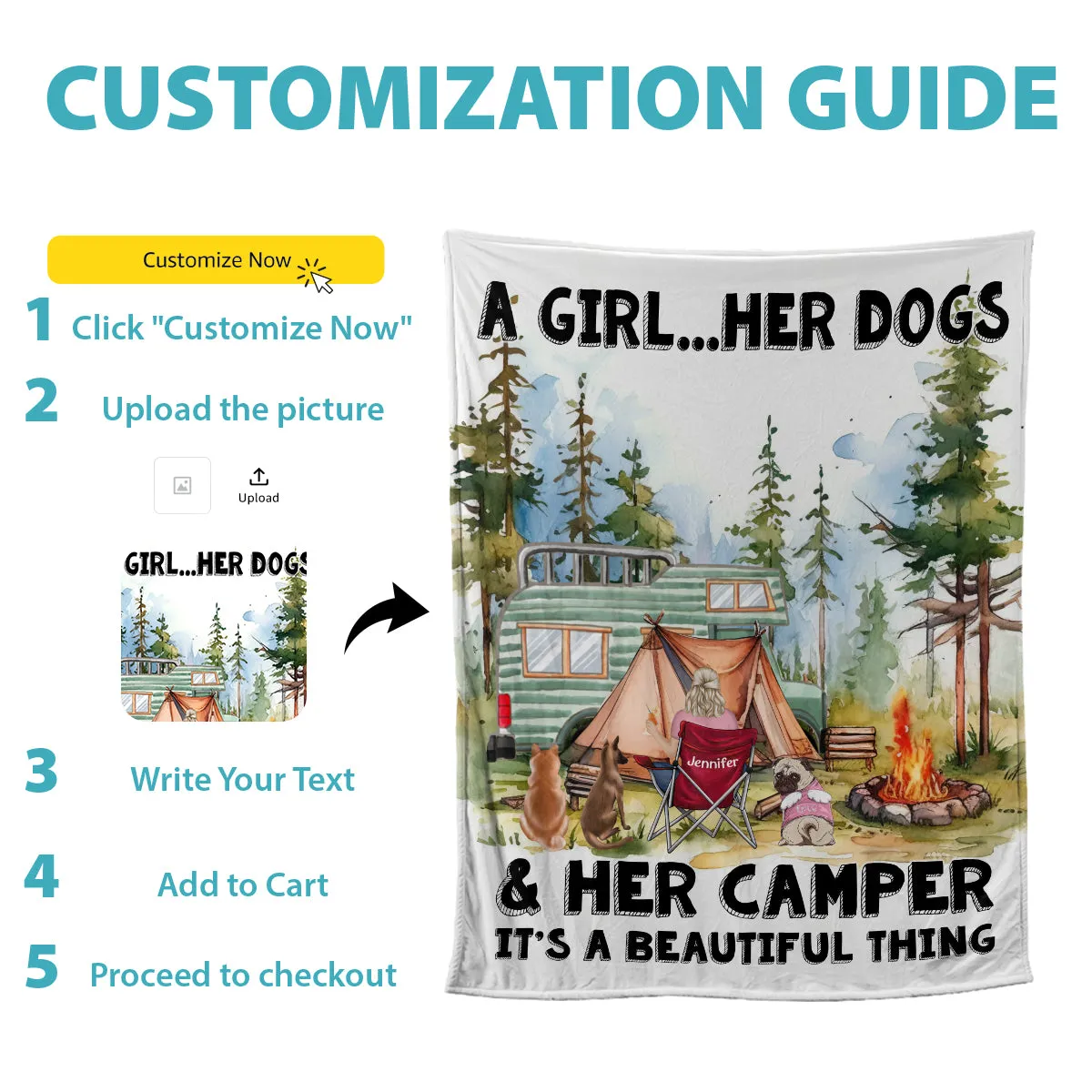 Teesdily | Personalized Girl And Her Dogs Throw Blanket Camper Camping Landscape Art Print Travel Blanket Dog Owner Camping Lover Blanket Gifts