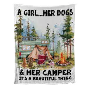 Teesdily | Personalized Girl And Her Dogs Throw Blanket Camper Camping Landscape Art Print Travel Blanket Dog Owner Camping Lover Blanket Gifts