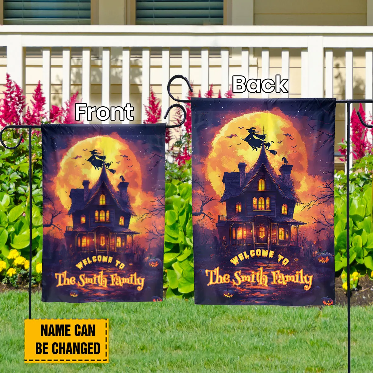 Teesdily | Personalized Halloween Garden Flag Design, Welcome To My Family Halloween Party House Flag, Gifts For Holiday