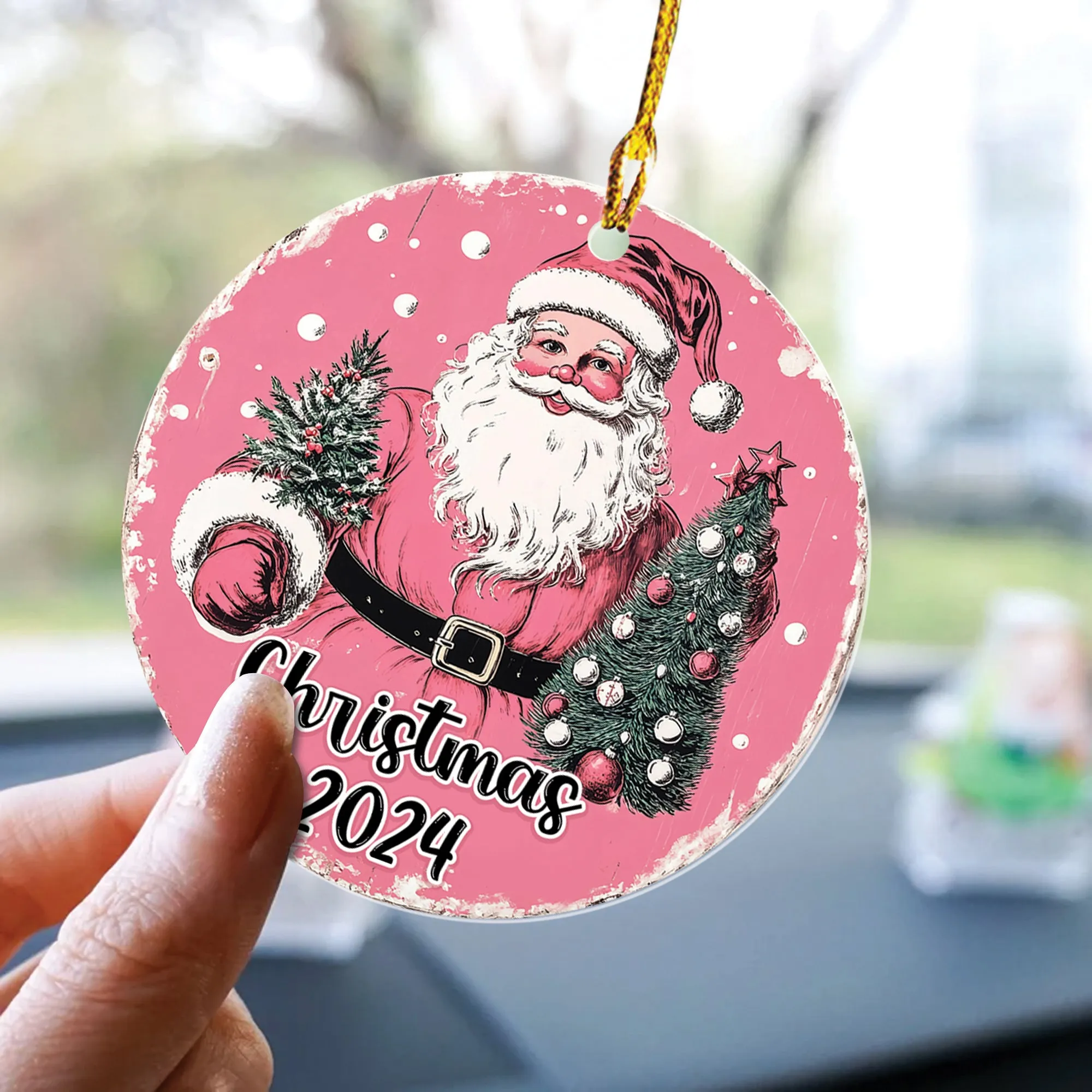 Teesdily | Pink Santa Ornament, Santa Claus Christmas Tree Ornament, Pink Coquette Santa Christmas Ornament, Noel Ornament Hanging Tree, Xmas Gift