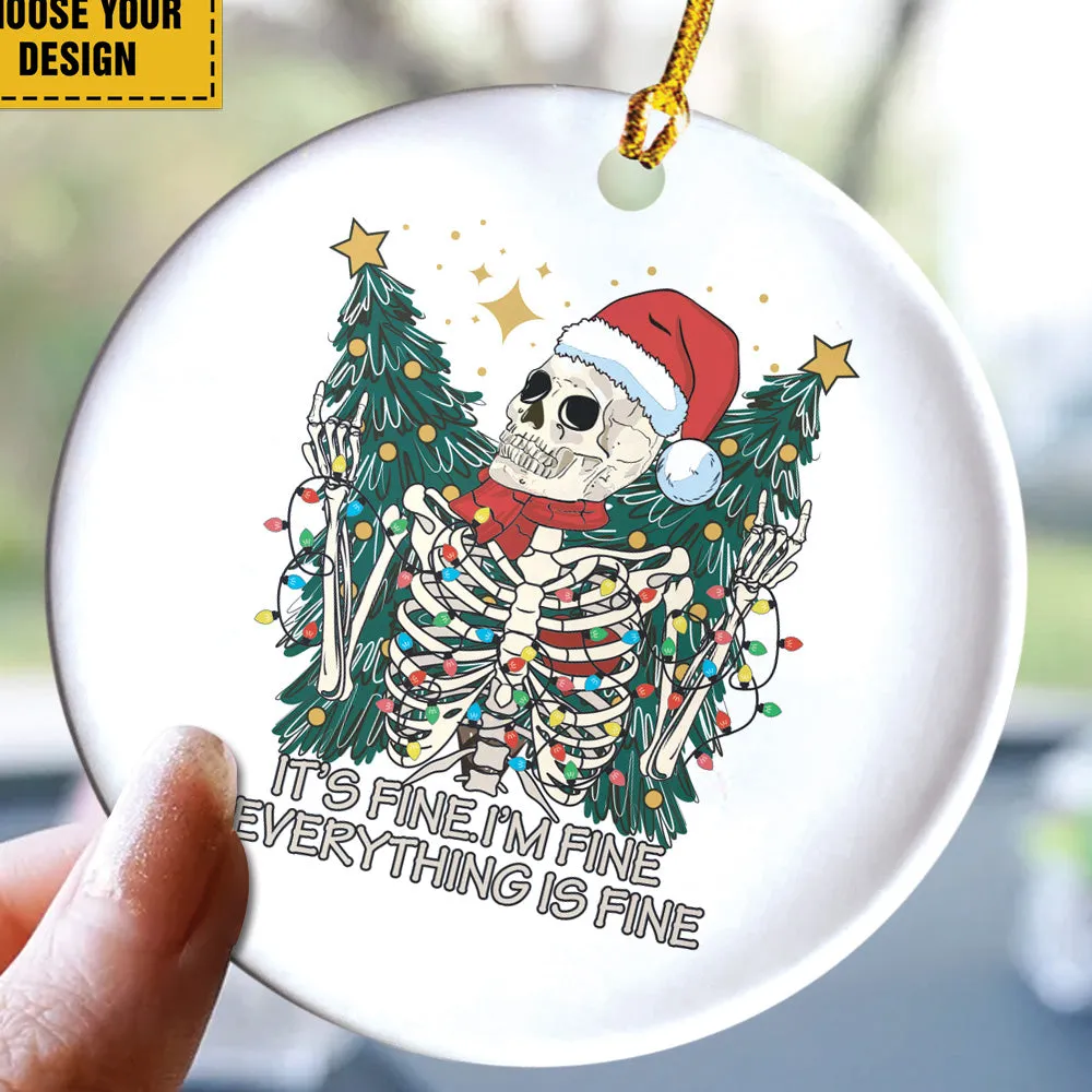 Teesdily | Santa Skeleton Christmas Light Ceramic Ornament, Merry Christmas Everything Is Fine Christmas Ornament, Xmas Gift