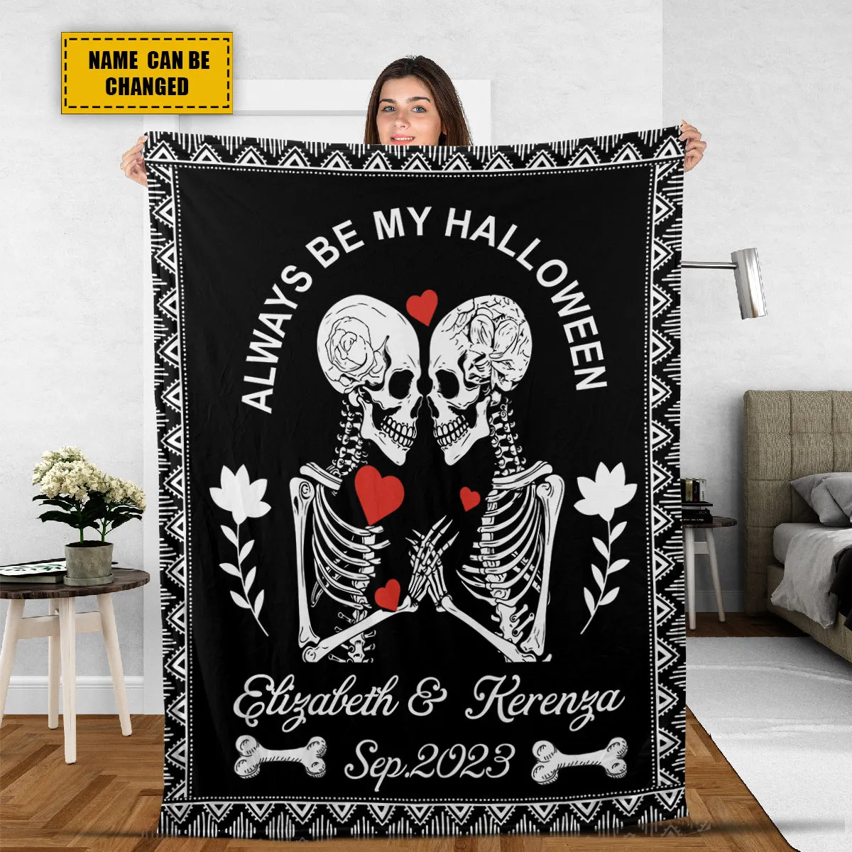 Teesdily | Skull Couple Personalized Fleece Blanket Always Be My Halloween Warm Blanket Gothic Skeleton Blanket Personalized Christmas Couple Gifts