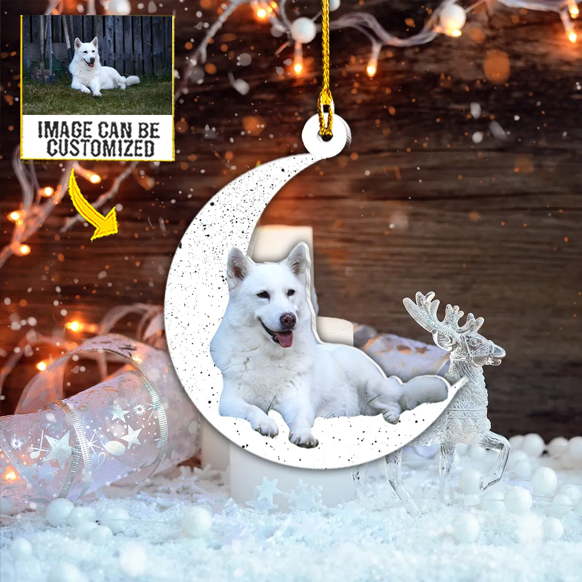 Teesdily | White Husky Pet Personalized Picture Ornament Dog Cresent Moon Car Hanging Ornament Dog Lover Gifts Holiday Custom Pet Ornament