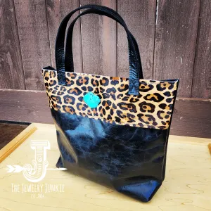 **Tejas Leather Bucket Hide Handbag with Leopard Accent & Turquoise 510i