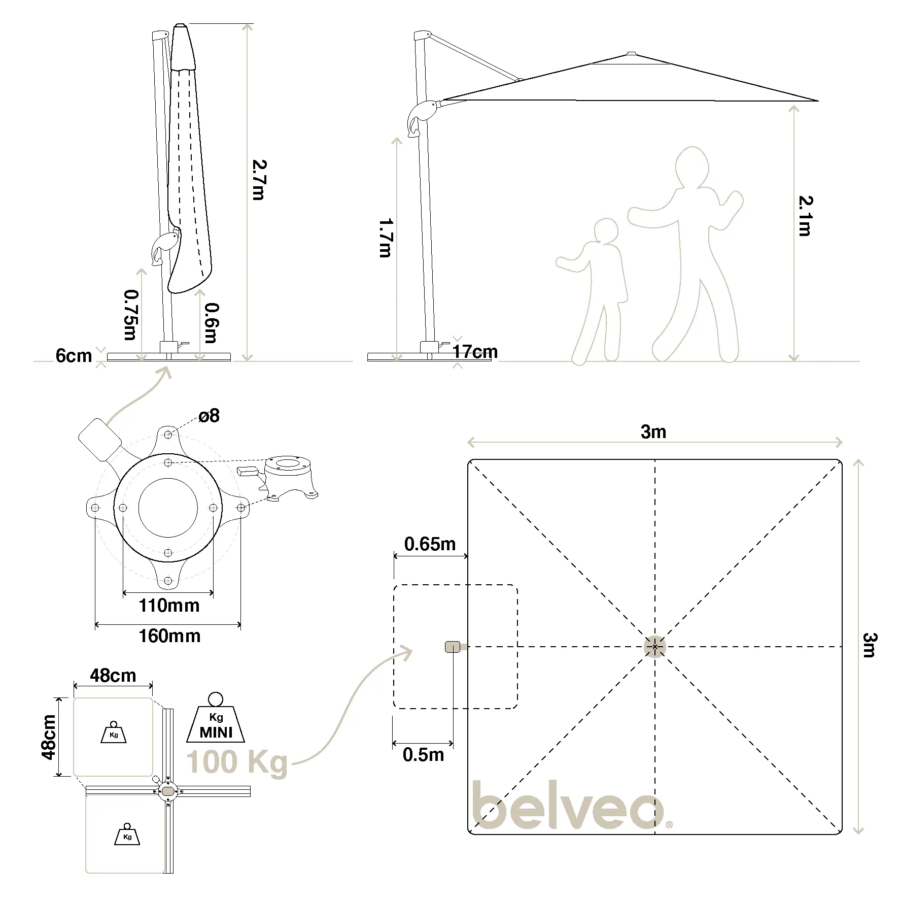 Tela poliéster para sombrilla excentrica antiviento Foehn 3x3m