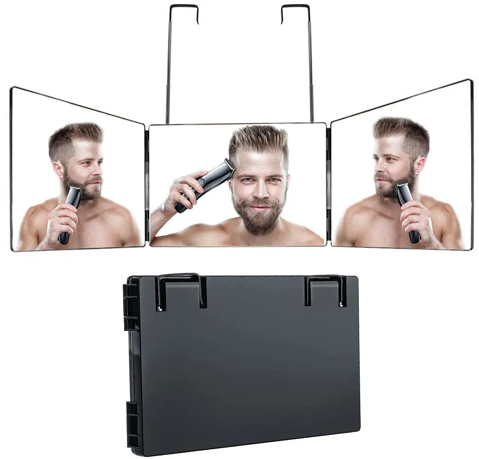 Telescopic Hanging Three sided Folding Makeup Mirror Made With Black ABS, Plastic and Glass