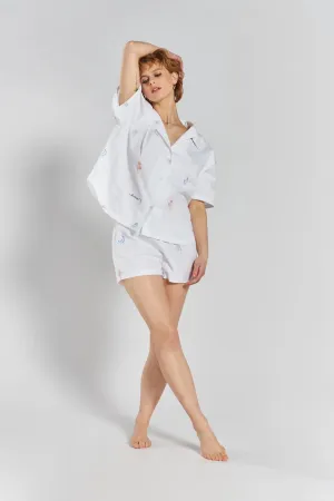 Telopea Embroidered Ethical-Cotton Pyjama Shirt - Glacier White