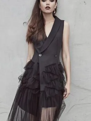 Temperament Black Sleeveless Suit Vest Irregular Mesh Dress