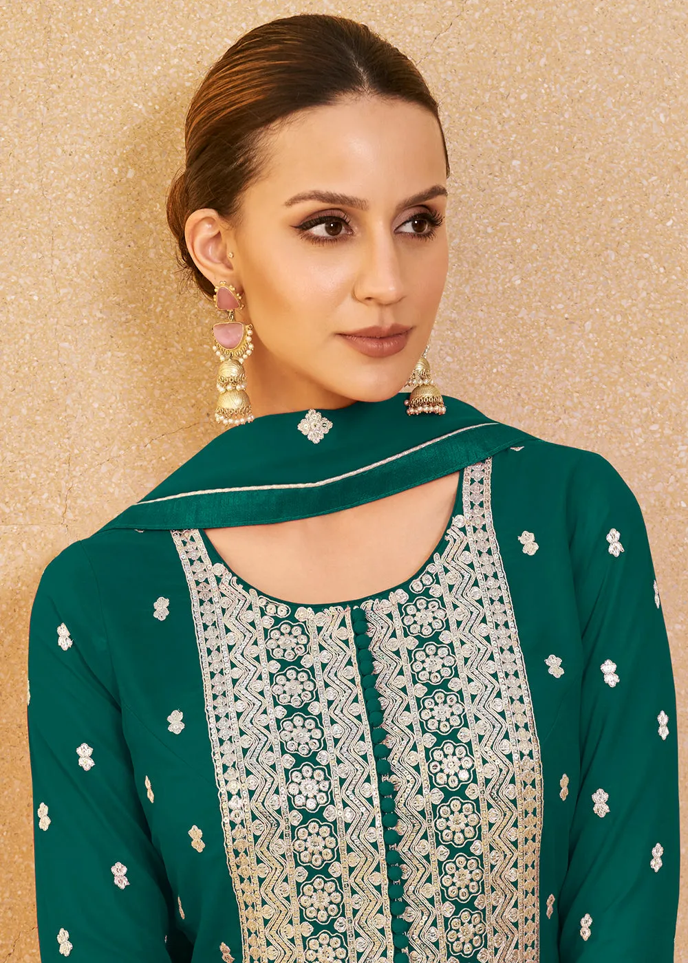 Tempting Green Real Georgette Palazzo Style Salwar Suit