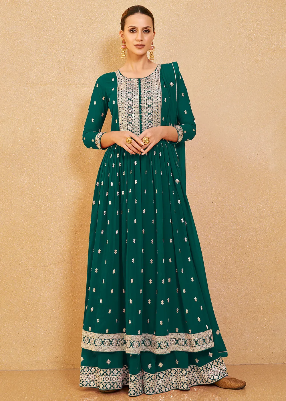 Tempting Green Real Georgette Palazzo Style Salwar Suit