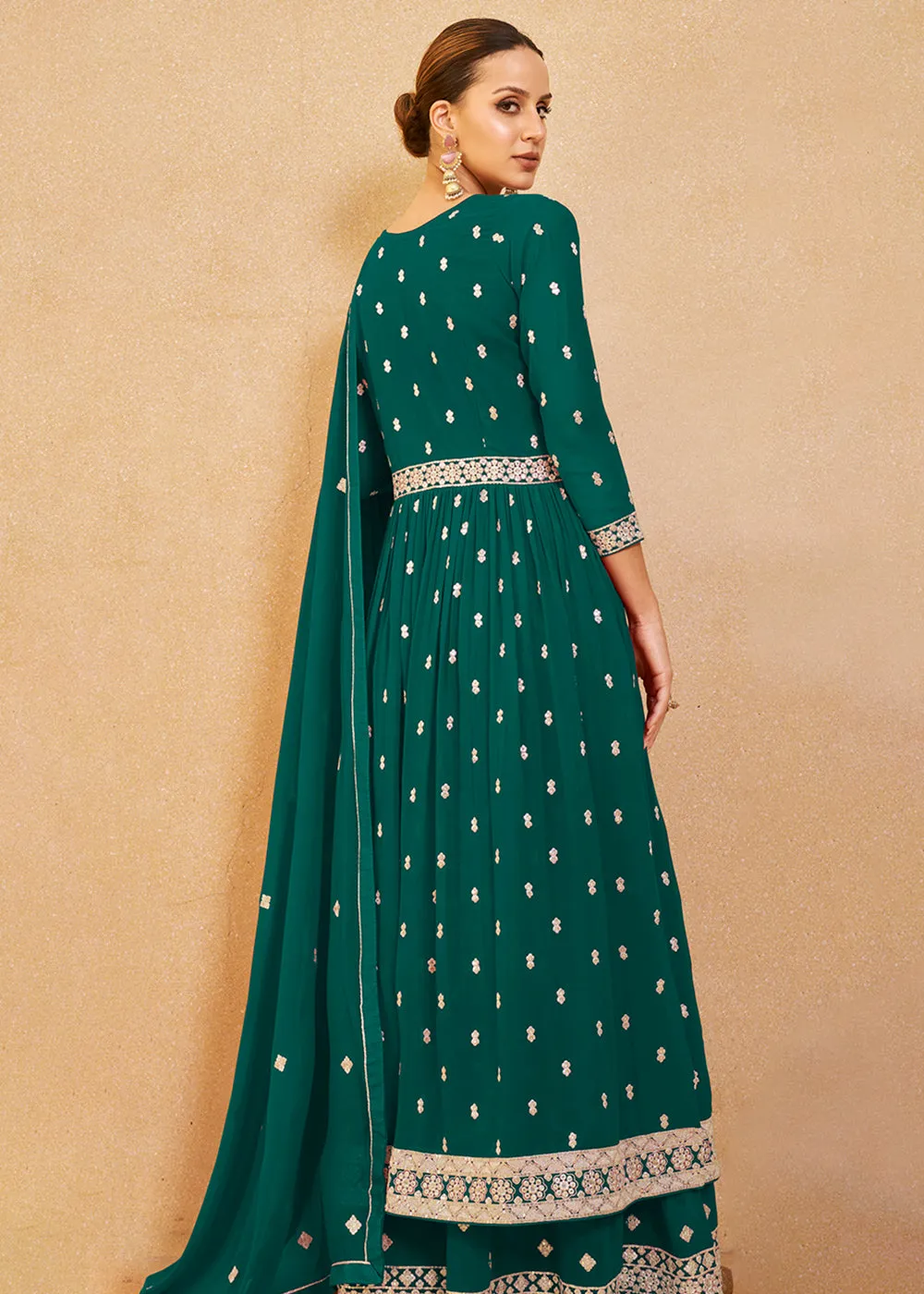 Tempting Green Real Georgette Palazzo Style Salwar Suit