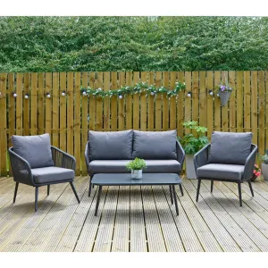 Teramo Garden Sofa Set Black Metal String Seats Glass Table