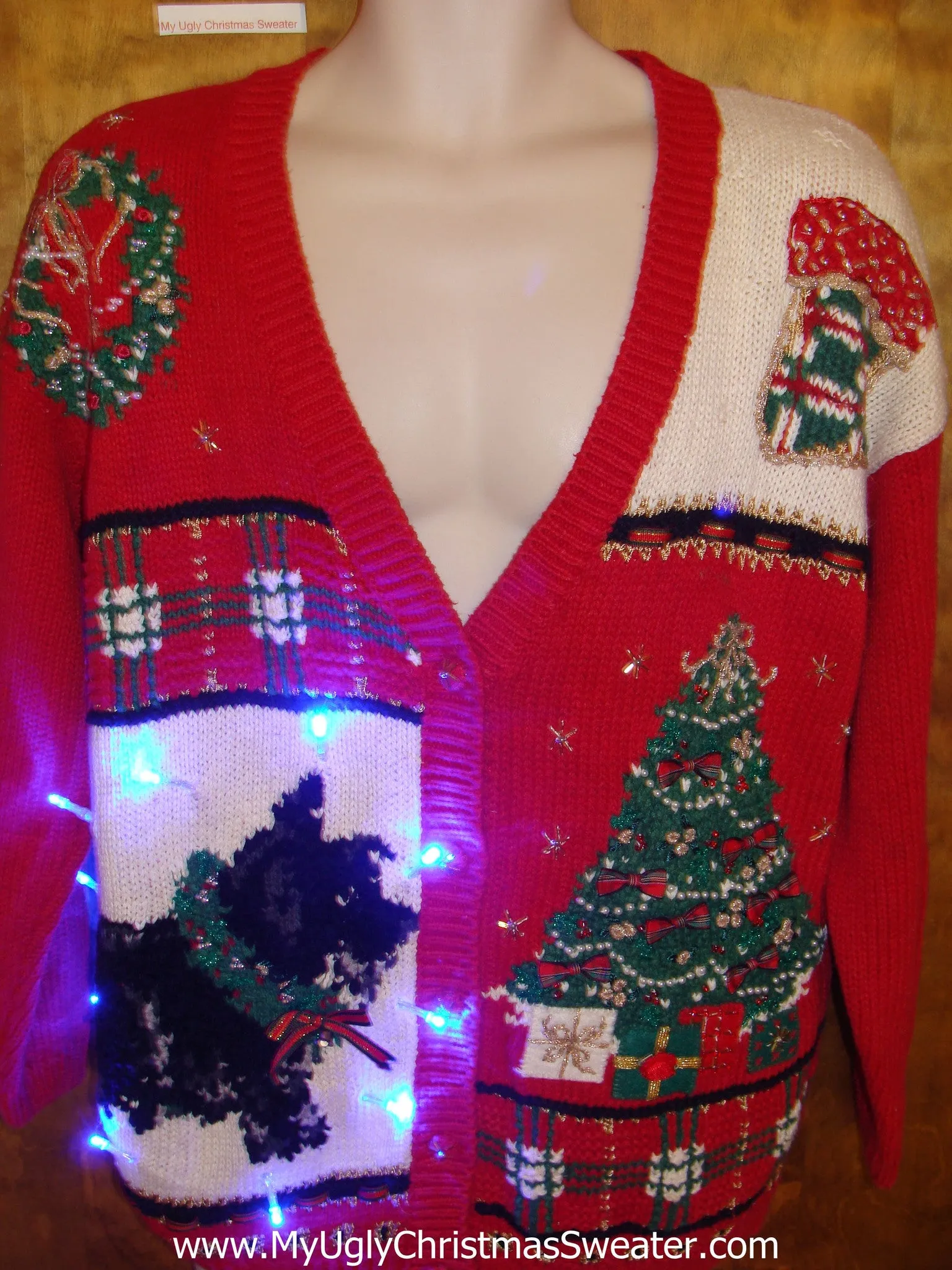 Terrier Dog and Tree 80s Tacky Xmas Sweater with Lights