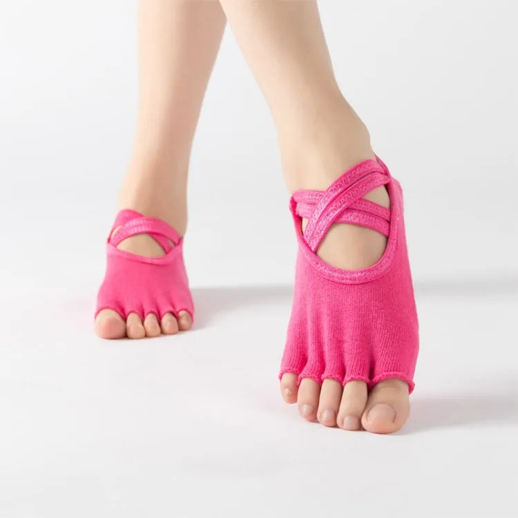 Terry Five-Finger Socks Cotton Thickened Warm and Non-Slip Yoga Socks Cross Strap Dance Socks, Size: One Size(Open Toe (Rose Red))