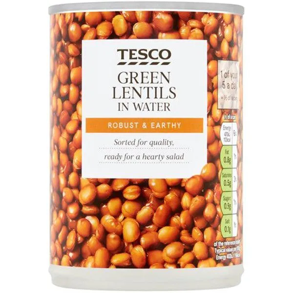 TESCO GREEN LENTILS IN WATER ROBUST & EARTHY 390GM