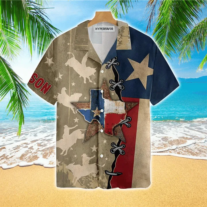 Texas Flag & Rodeo Texas Custom Name Aloha Hawaiian Shirts For Men & For Women