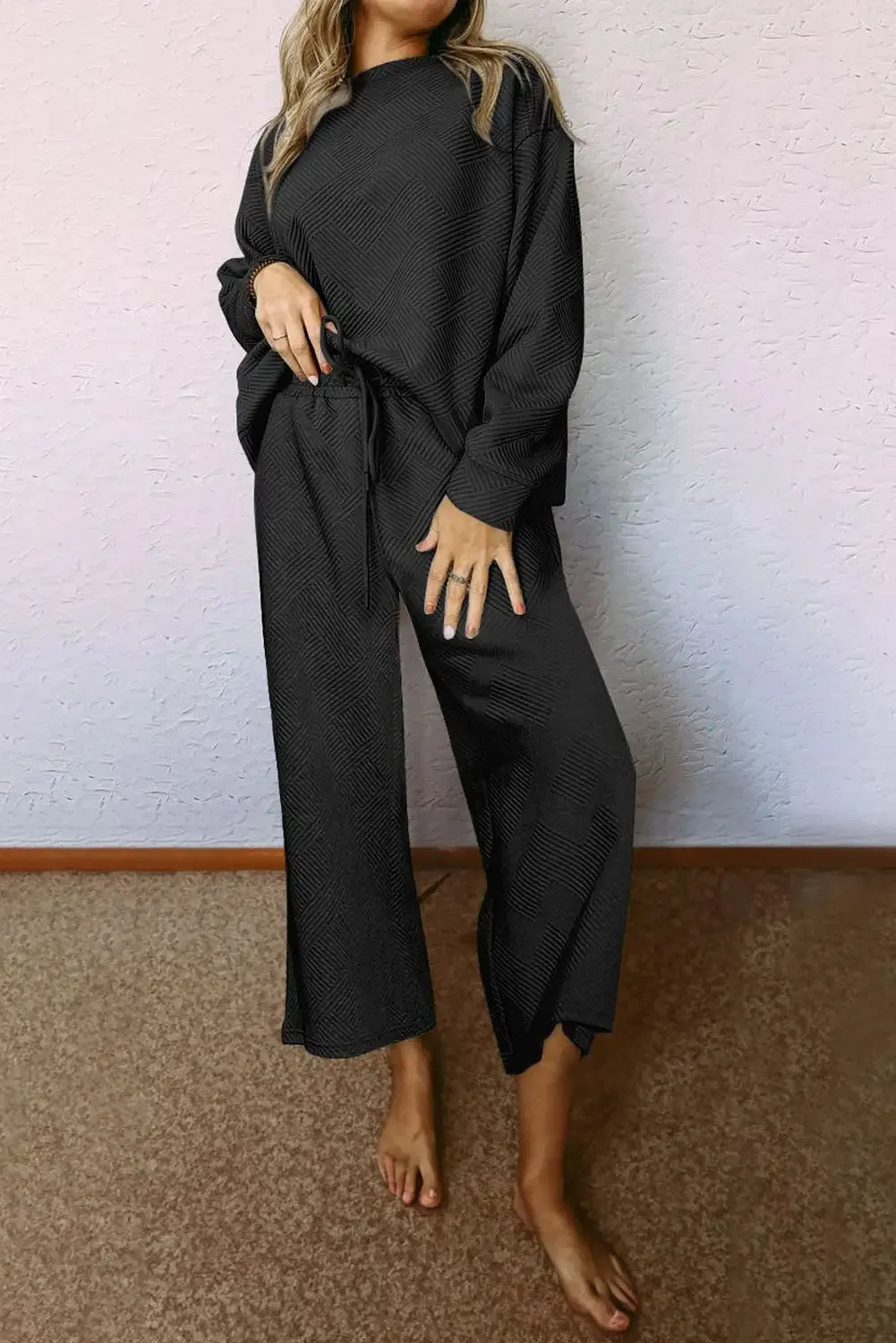 Textured Black Two Piece Slouchy Outfit