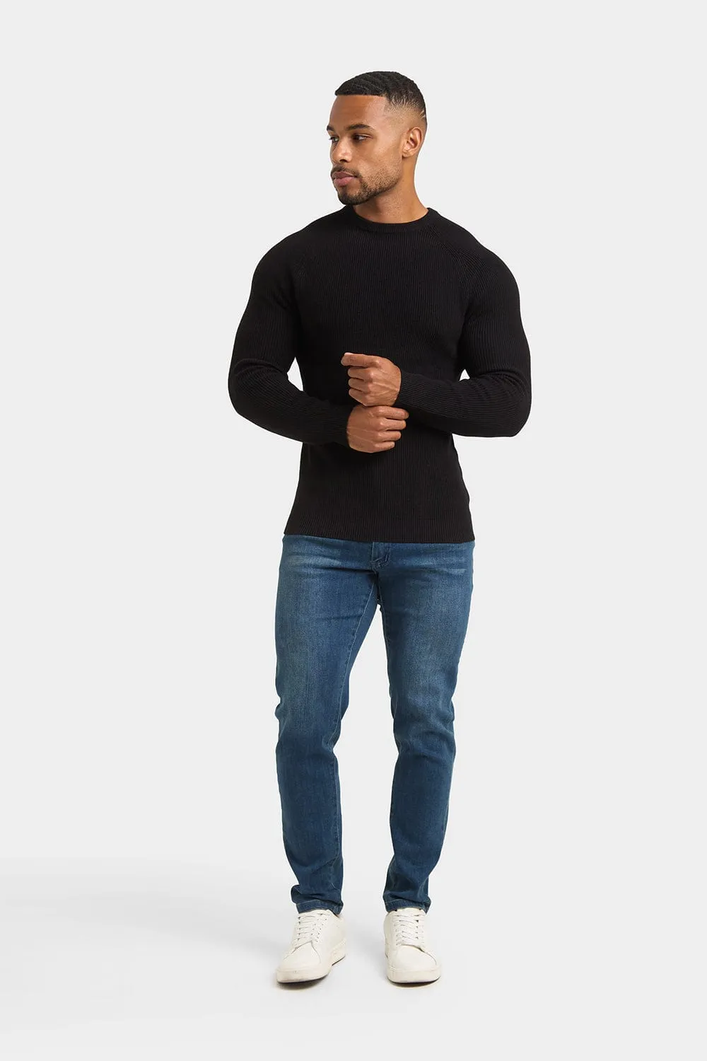 Textured Cotton Crew Neck in Black