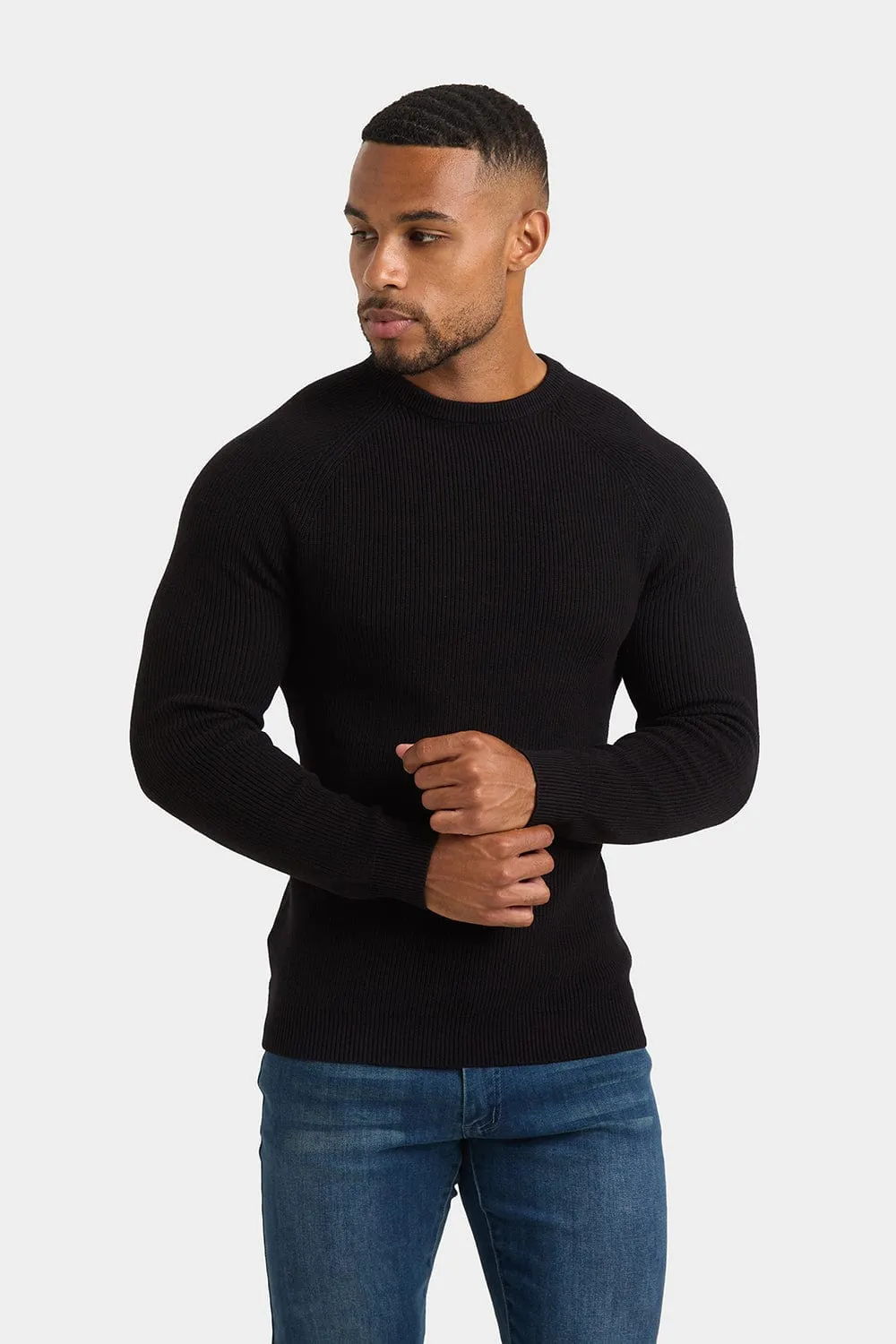 Textured Cotton Crew Neck in Black