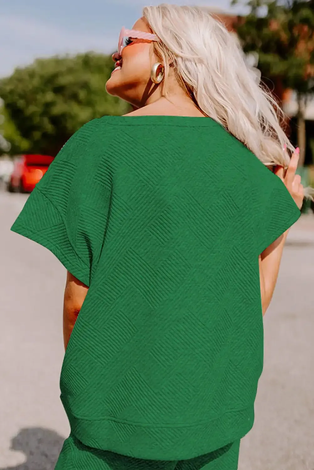 Textured Dark Green Loose Fit T Shirt and Pants Set Homewear